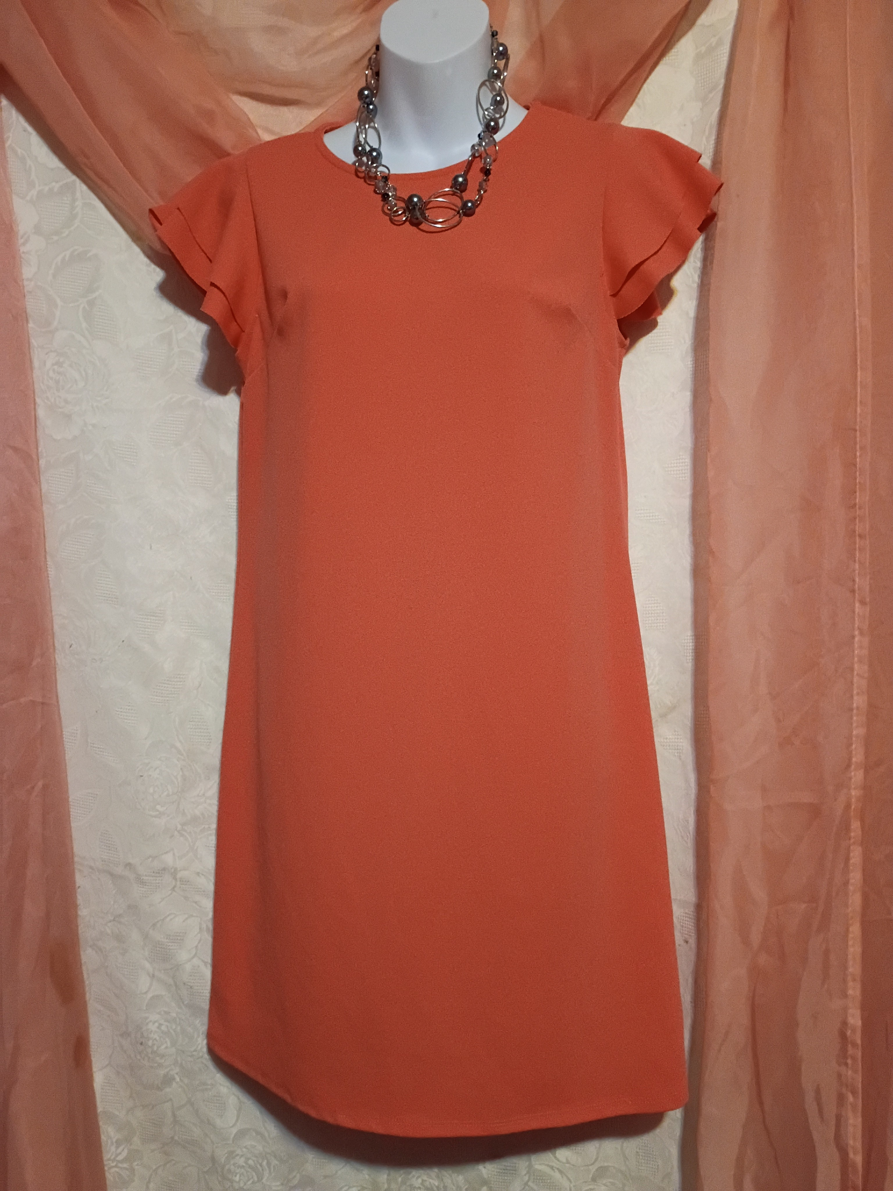 Ces Femme Ladies Coral Ruffle-Sleeve Midi Shift Dress Sz Sm
